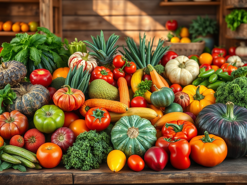 Un gran assortit de fruites i verdures fresques, incloent tomàquets, carabasses, cogombres, espinacs i plàtans, presentades sobre una taula de fusta en un entorn natural.