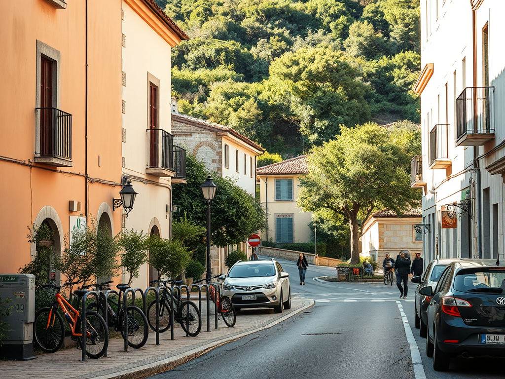 Vista d'una carrer amb edificis de colors càlids, bicicletes aparcades, arbres, i persones passejant en un entorn urbà tranquil.