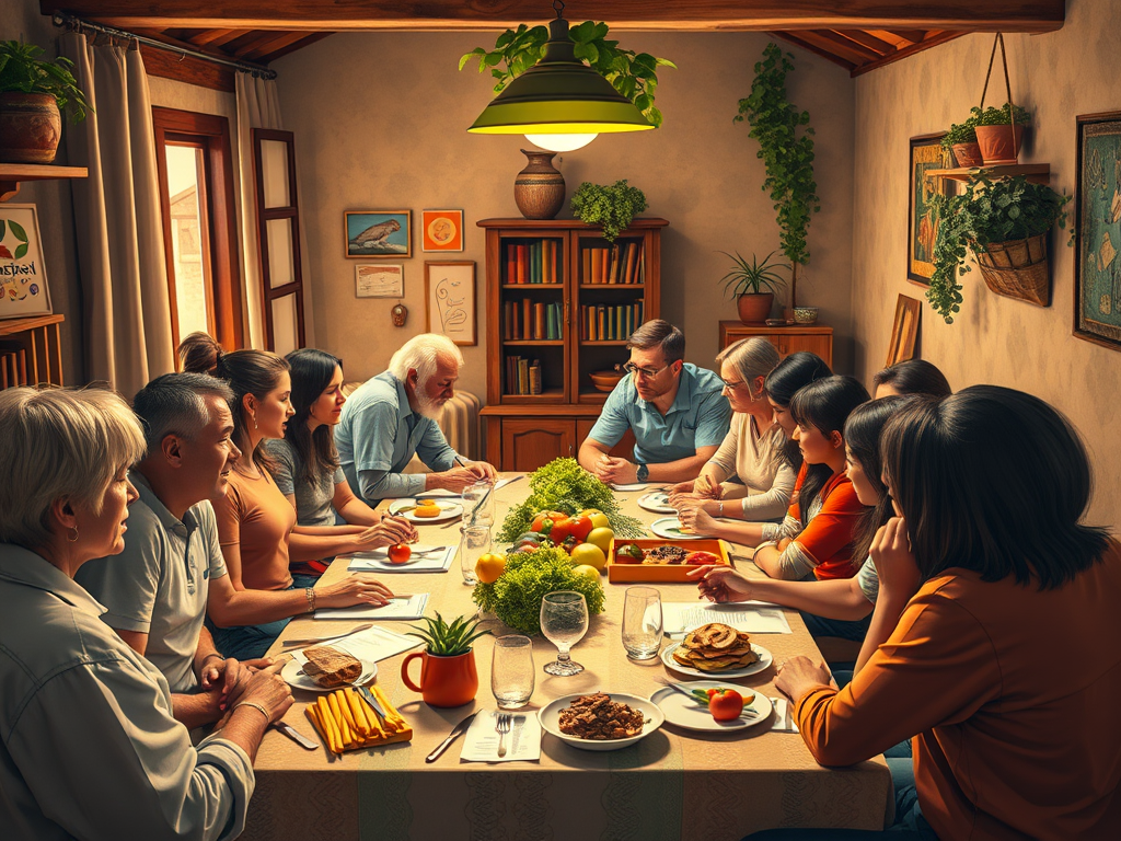 Reunió mensual d'Argelaguer en Transició amb diversos veïns al voltant d'una taula, discutint amb aliments i begudes sobre temes comunitaris.