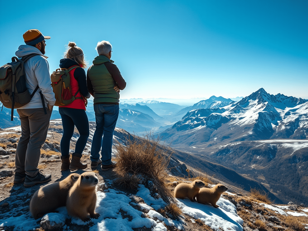 Tres persones mirant un paisatge muntanyenc amb neu, amb unes marmotes en primer pla.