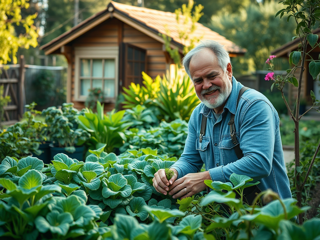 Home treballant en un hort amb verdures verdes, somrient davant d'una cabana de fons.