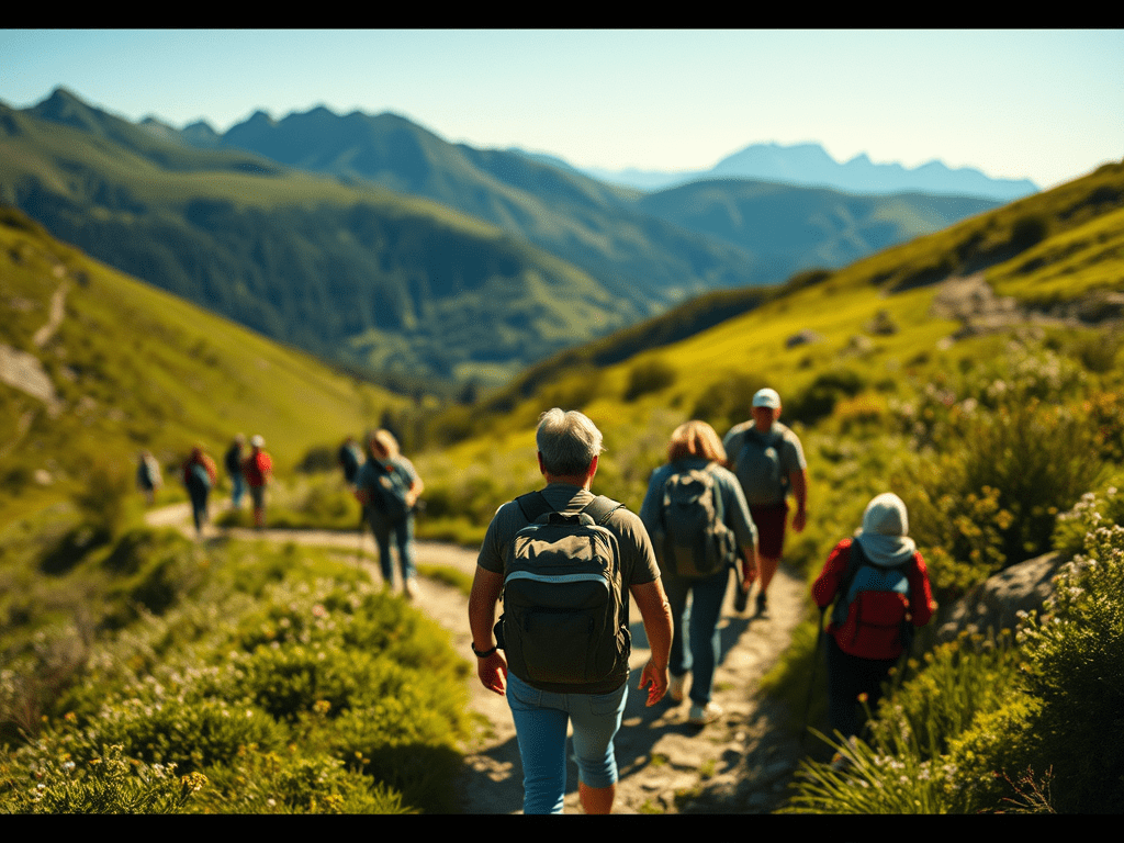 Grup de persones caminant per un sender muntanyenc amb paisatge verd i muntanyes al fons.