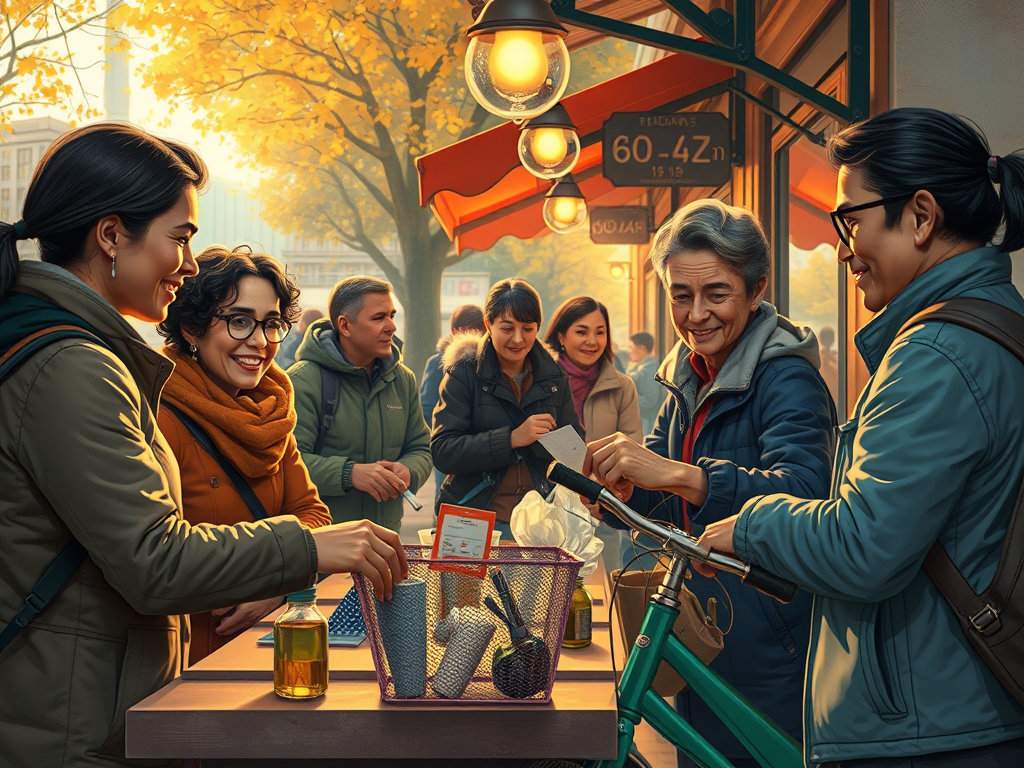 Un grup de persones interactuant en un mercat a l'aire lliure, intercanviant serveis i coneixements, en un ambient comunitari i amistós.