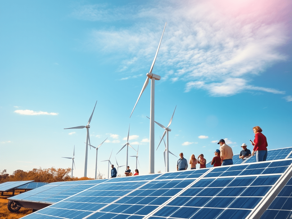 Grup de persones visitant un camp d'energia solar amb panells solars en primer pla i molins de vent al fons, amb un cel blau i algunes núvols.