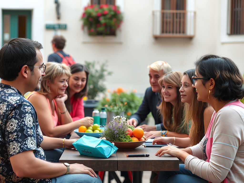 Un grup de persones reunides al voltant d'una taula en un espai exterior, compartint conversa i fruits com taronges i llimones, amb un ambient amigable i alegre.