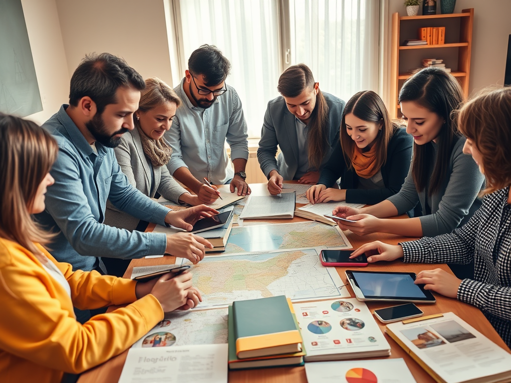 Grup de persones col·laborant en un projecte a la taula, amb mapes, llibres i dispositius electrònics al voltant.