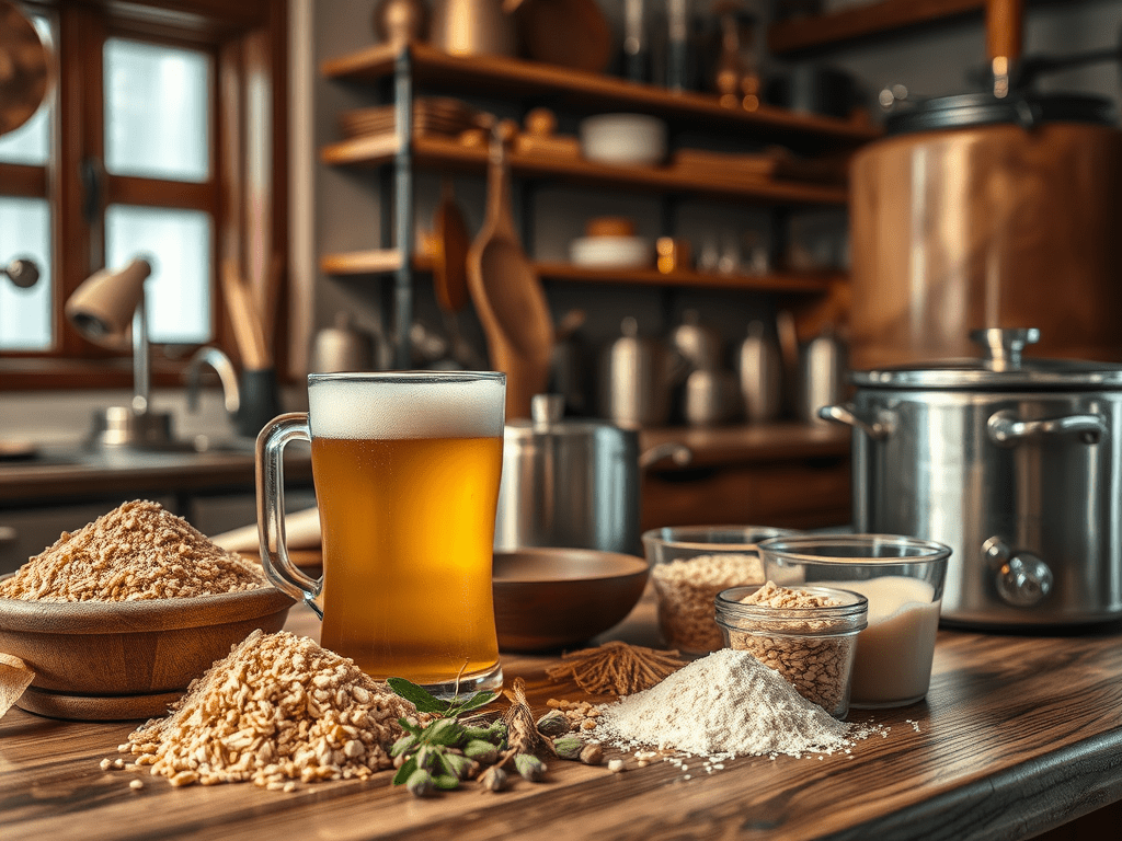 Un got de cervesa amb escuma sobre una taula de fusta, envoltat d'ingredients per fer cervesa com malta, llúpol i farina, en una cuina amb un fons acollidor.