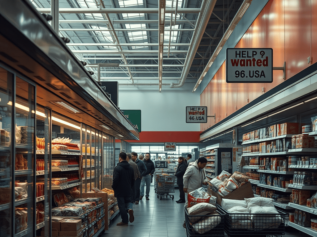 Interior d'un supermercat amb prestatges plens de productes, clients comprant i cartells que diuen 'HELP wanted'.