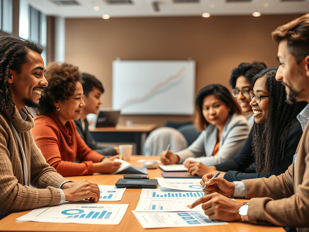 Un grup de persones assegudes a una taula parlant i revisant documents amb gràfics finances durant un taller d'economia domèstica.