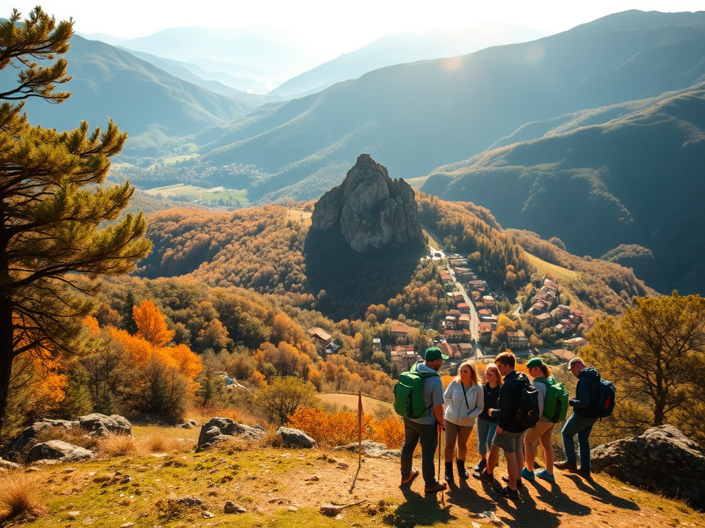 Un grup de persones amb motxilles a la muntanya, amb un paisatge de tardor de fons i un poble a la vall.
