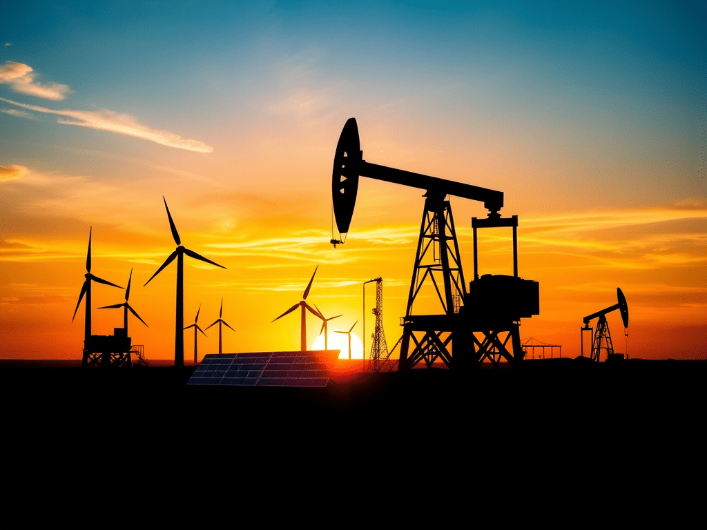 Silhouette of oil pumps and wind turbines against a sunset sky, symbolizing the contrast between fossil fuels and renewable energy sources.