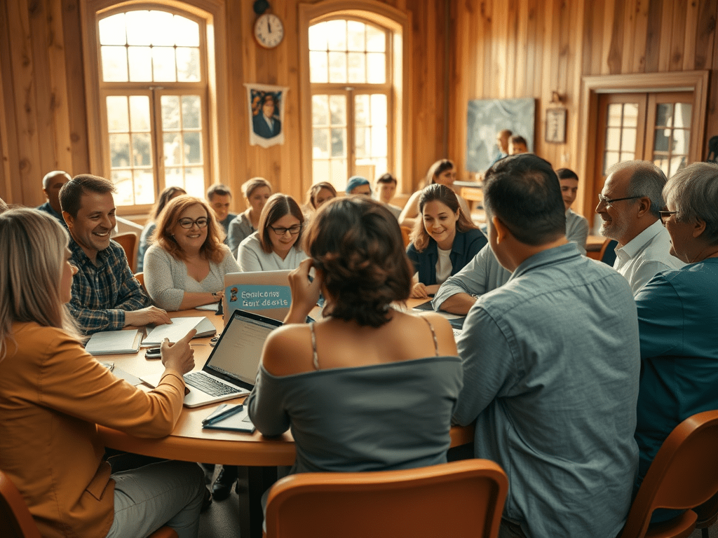 Reunió d'un grup de persones en una sala amb parets de fusta, discutilant activitats en un ambient col·laboratiu. Hi ha un ordinador portàtil a la taula amb una presentació visible.