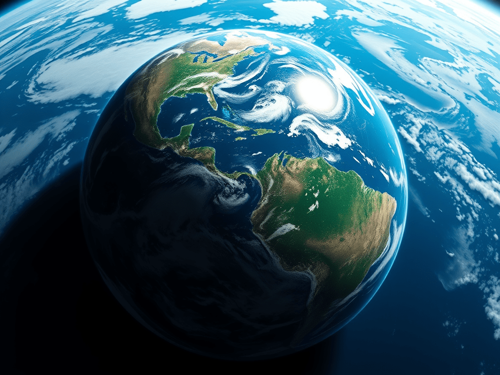 Vista de la Terra des de l'espai, destacant els continents, oceans i núvols en un fons blau.