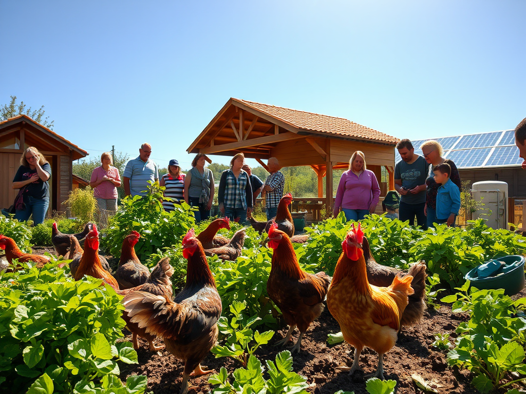Un grup de persones observant gallines en un hort, amb una estructura de fusta de fons i un dia assolellat.