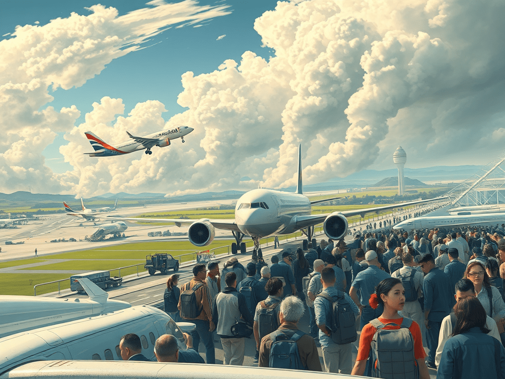 Vista d'un aeroport amb passatgers esperant, avions enlairant-se i nuvols al cel.