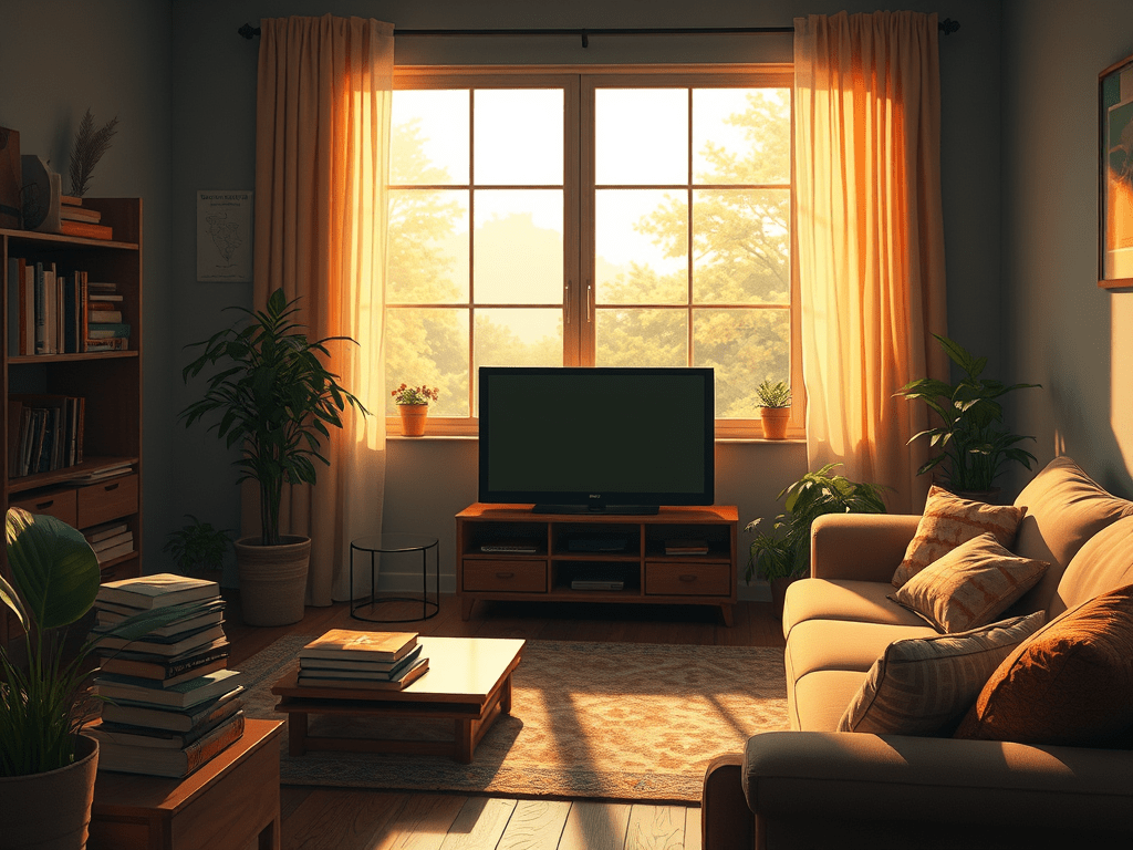 Interior d'una sala d'estar acollidora amb un sofà, taula de cafè i una televisió davant d'una finestra il·luminada pel sol al matí, amb plantes decoratives que aporten frescor a l'espai.