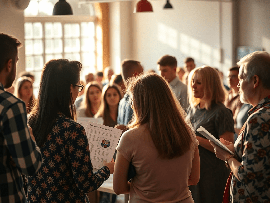 Grup de persones en una reunió, llegint documents i compartint idees en un ambient col·laboratiu.