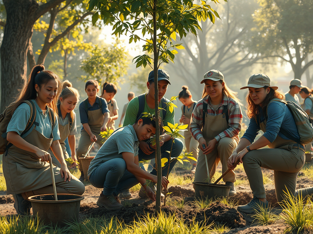 Grup de persones joves participant en una activitat de plantació d'arbres en un entorn natural, amb arbres al fons i llum suave del matí.