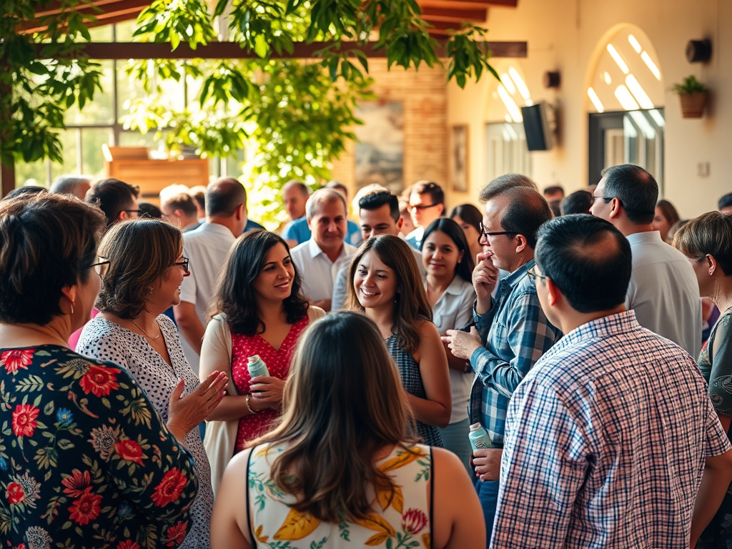Grup de persones interactuant i conversant en un ambient social, amb plantes i llum natural de fons.