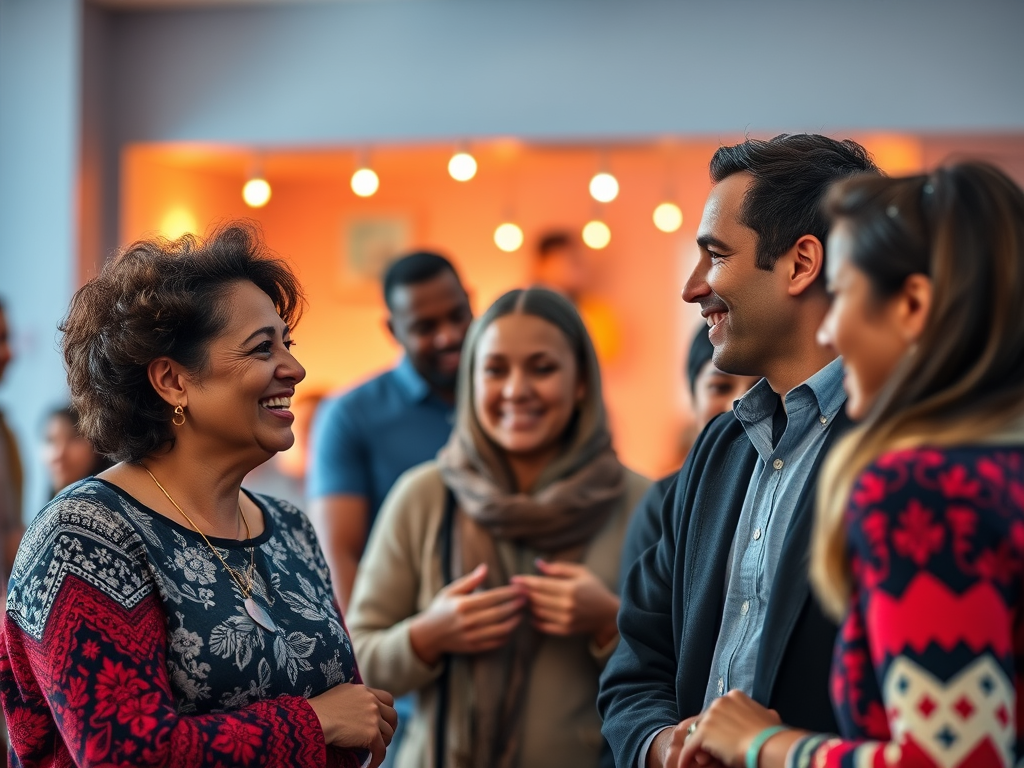 Grup de persones somrients interactuant en un esdeveniment social, amb un ambient càlid i acollidor de fons.