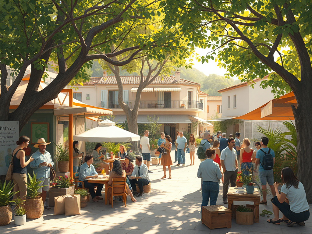 Un espai comunitari amb persones interaccionant, socialitzant i gaudint d'activitats a l'aire lliure, envoltat de natura i arquitectura típica.