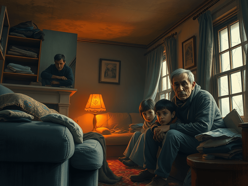 Una família composta per un home major, una dona i dos nens asseguts en un sofà en un ambient de casa amb poca il·luminació, reflexionant sobre les dificultats de mantenir la seva llar a una temperatura adequada.