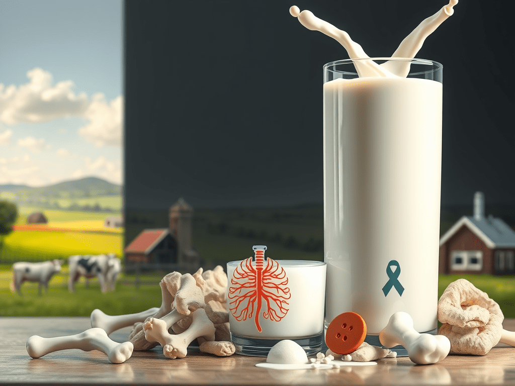 Un got de llet en un ambient gràfic que representa la seva relació amb la salut, amb ossos i un dibuix d'un pulmó al costat.
