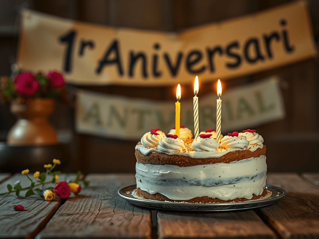 Pastís d'aniversari decorat amb espelmes encenent en un ambient festiu amb una pancarta de fons que diu '1r Aniversari'.
