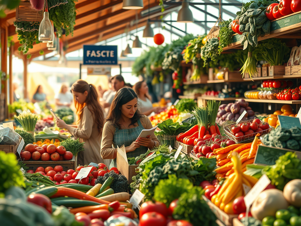 Mercat amb una gran varietat de verdures i fruites fresques, on les compradors examinen els productes.
