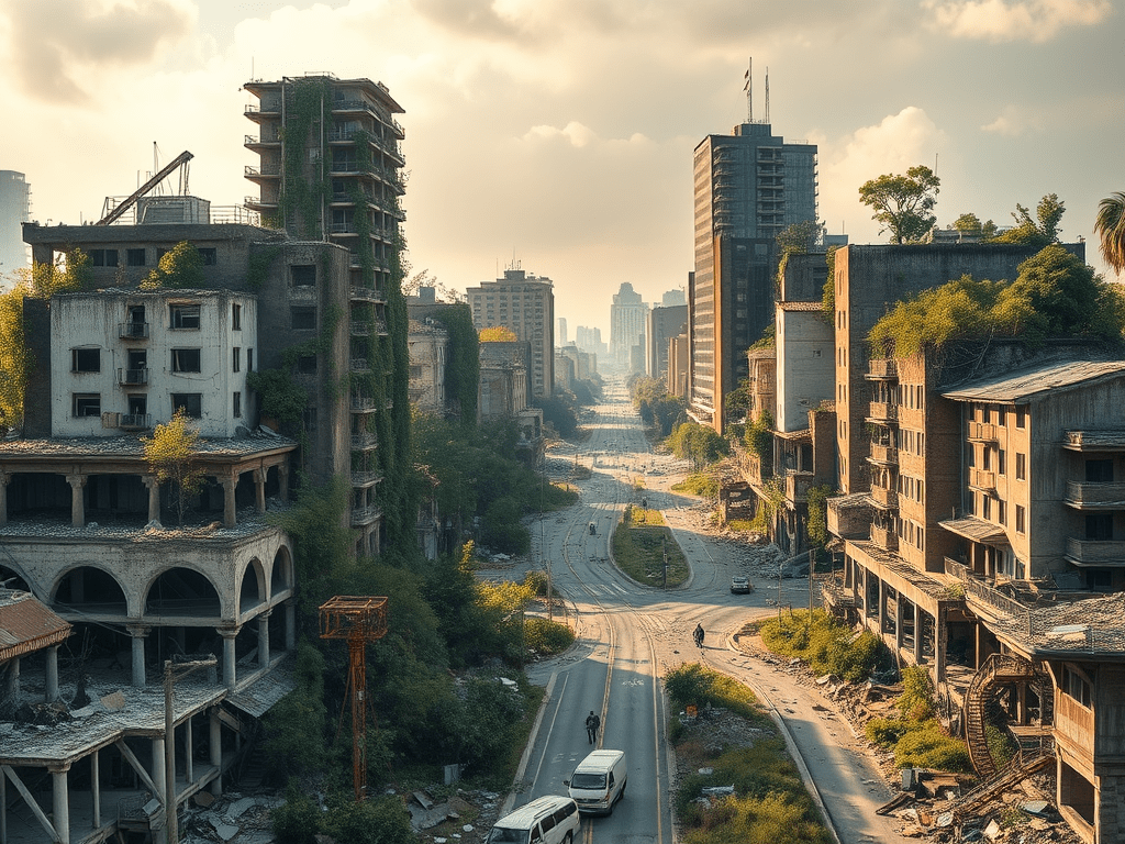 Vista d'una ciutat abandonada amb edificis coberts de vegetació, un carrer desolat i núvols al cel.