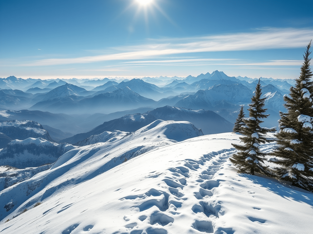 Vista d'un paisatge muntanyós nevat amb un sol brillant, on es poden veure arbres a primer pla i diverses capes de muntanyes al fons.