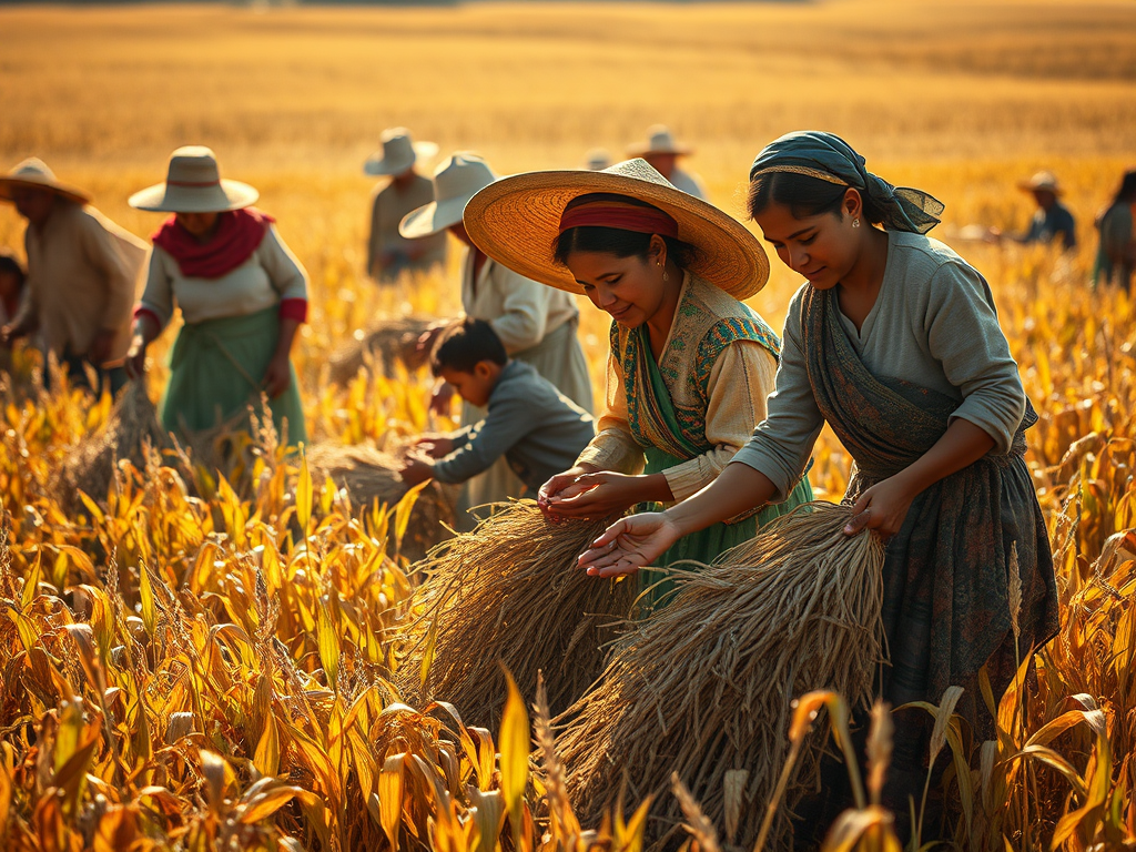 Grup de dones collint espigues daurades en un camp de blat, amb un nen treballant al seu costat, en un entorn agrícola al capvespre.