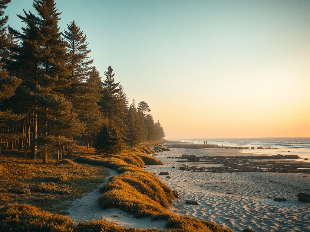 Vista d'una platja amb arees suaus, rodejada d'arbres alts i un cel en tons càlids durant el tàrtar. Seccions de la platja són visibles amb algunes roques i persones passejant a la vora de l'aigua.