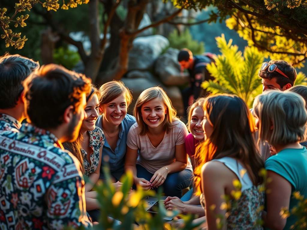 Un grup de joves rius mentre s'asseuen a l'aire lliure envoltats de natura, amb un ambient càlid i amistós.