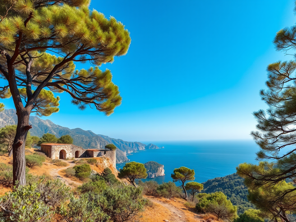 Vista panoràmica de la costa amb un edifici antic a primera línia, envoltat de vegetació i muntanyes al fons, sota un cel blau clar.
