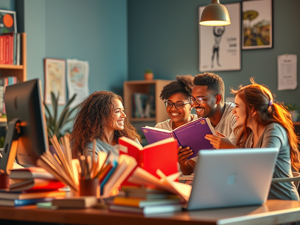 Grup de joves estudiants aprenent anglès en un ambient acollidor, amb llibres i ordinadors al seu voltant.
