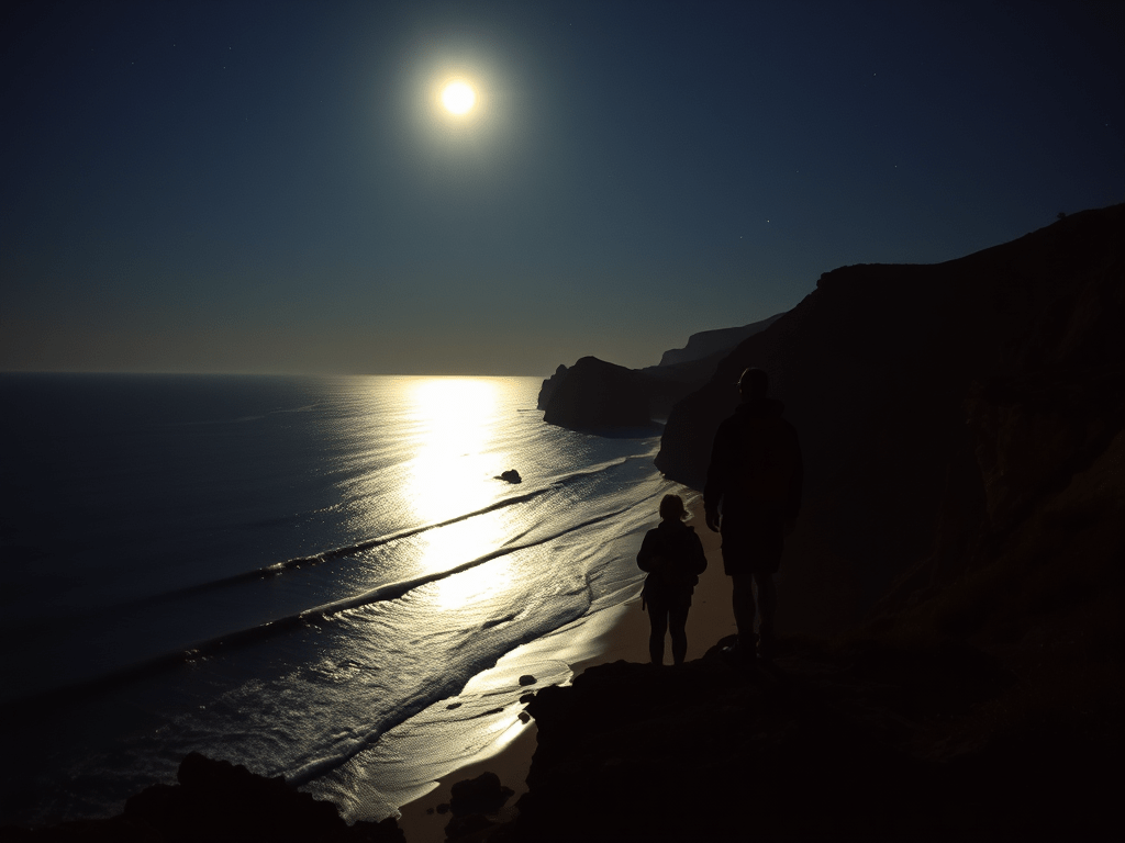 Dos siluetes de persones mirant una costa al costat del mar sota la llum de la lluna plena, amb onades reflexant la claror de la lluna en una nit tranquil·la.