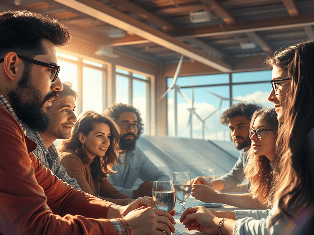 Un grup de persones participant en una xerrada sobre autosuficiència energètica, amb un ambient acollidor i llum natural que entra per les finestres. A l'horitzó, es poden veure molins d'aire que simbolitzen energies renovables.