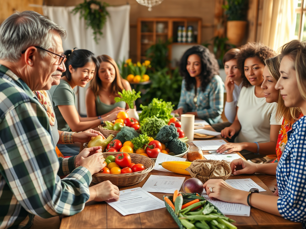 Un grup de persones reunides al voltant d'una taula plena de verdures i fruites fresques, discutint activitats comunitàries i iniciatives de transició.