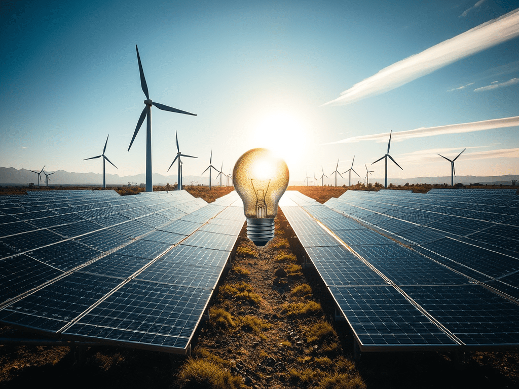 Un camp de panells solars amb molins d'energia eòlica al fons, amb una bombeta il·luminada flotant davant del sol.
