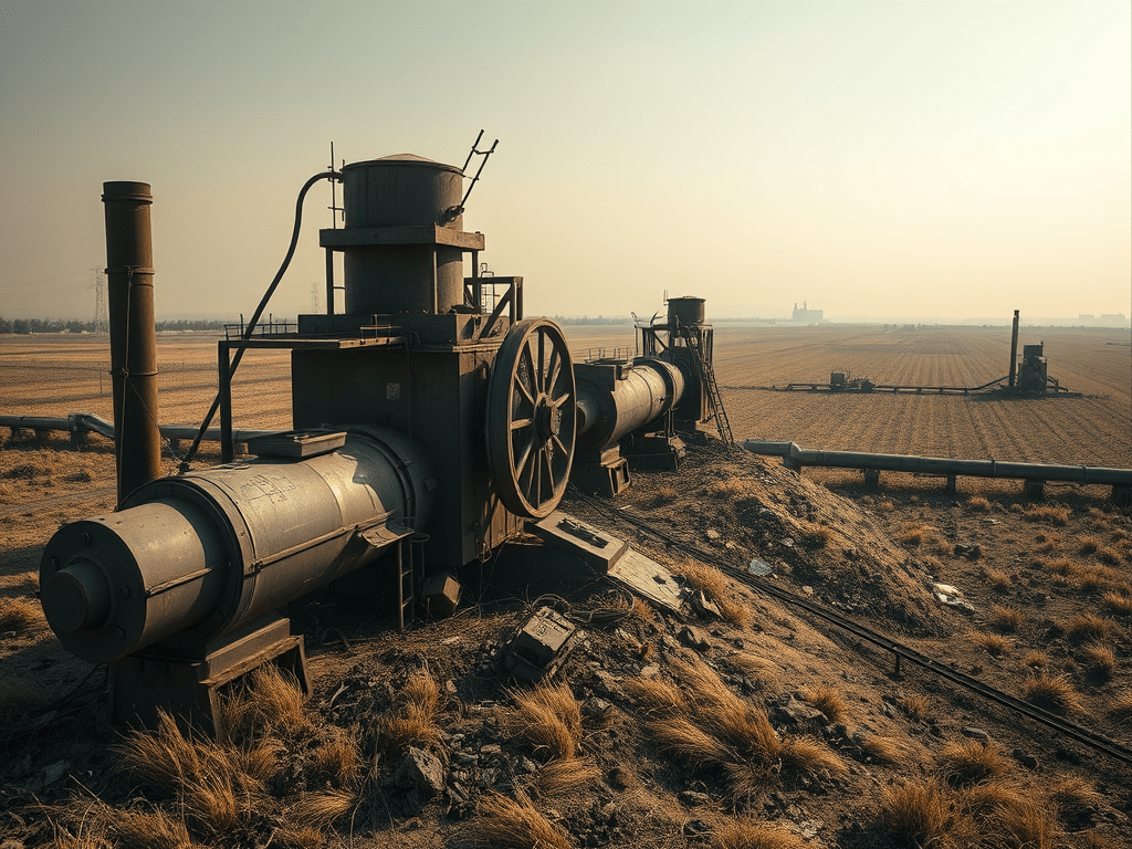 Vista d'una instal·lació industrial abandonada amb canonades i maquinària en un camp sec durant el matí.