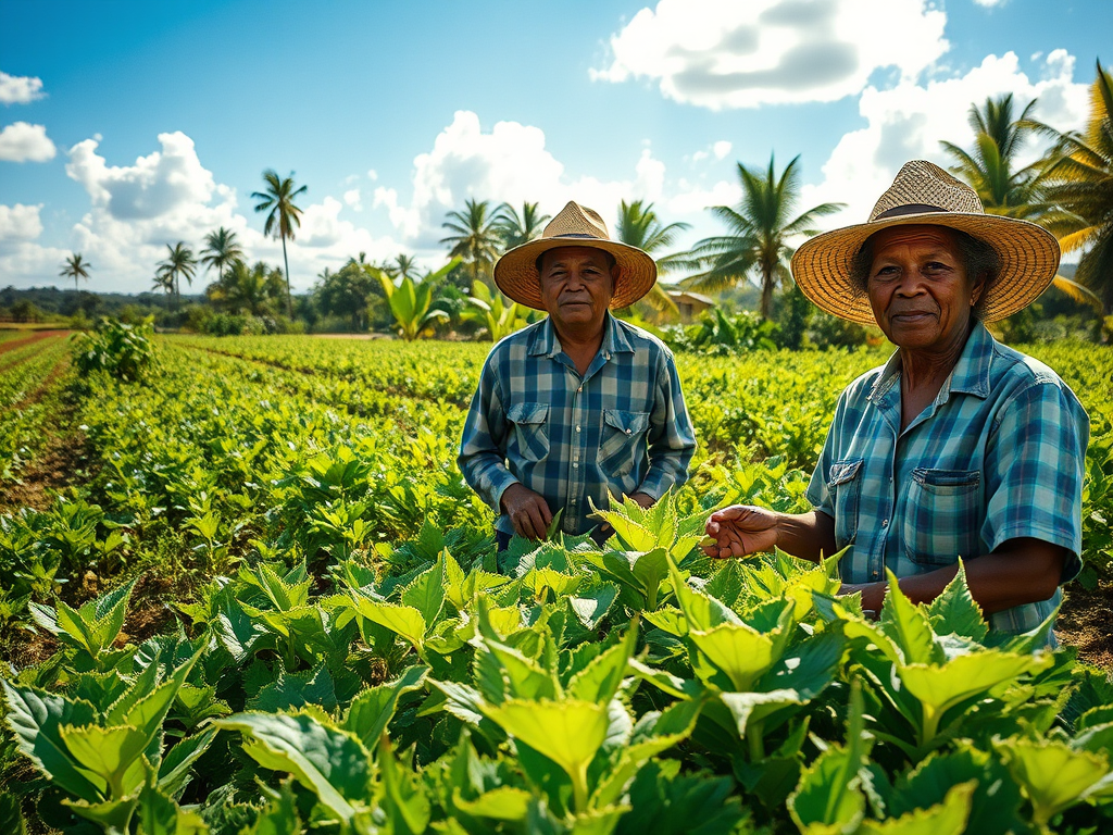 Dos agricultors treballant en un camp verd de cultius a Cuba, amb palmeres i un cel amb núvols de fons.