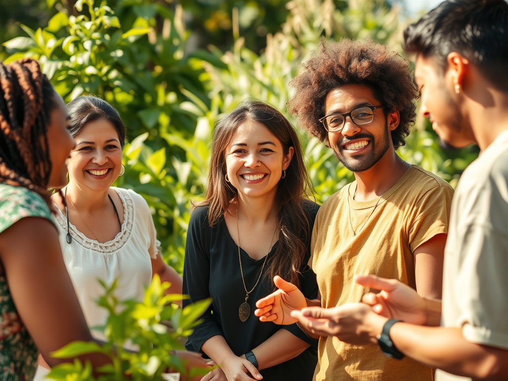 Grup de persones somrient i interactuant en un entorn verd, que representa la comunitat i el vincle social a Argelaguer en Transició.