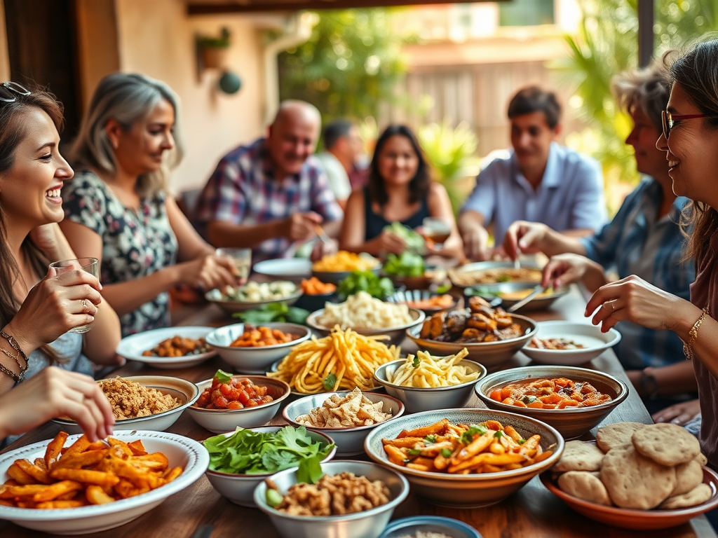 Un grup de persones gaudint d'un àpat en un ambient exterior, amb taules plenes de diversos plats de menjar, rius i converses animades.