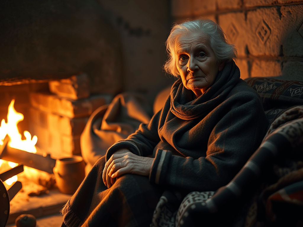 Una dona gran asseguda davant d'una llar de foc, amb una expressió contemplativa i envoltada de mantas, reflectint la necessitat de calor i confort a l'hivern.