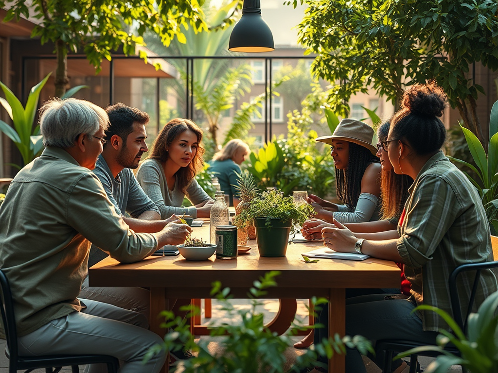 Grup de persones reunides al voltant d'una taula en un ambient verd i natural, discutint i intercanviant idees.