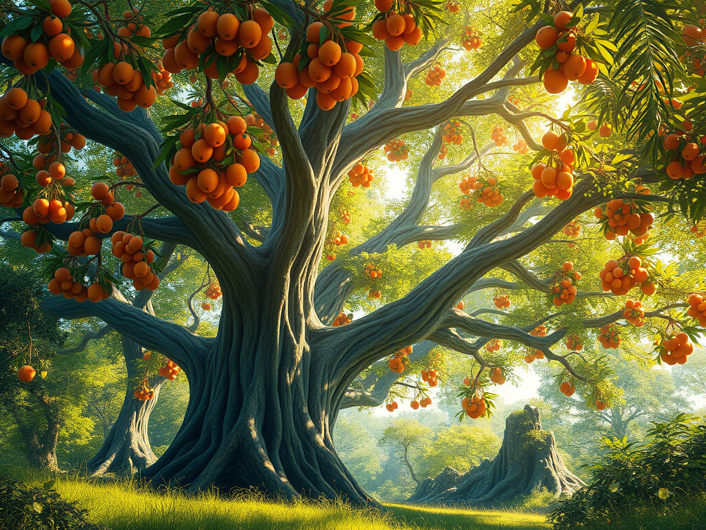 Un arbre enorme amb una gran quantitat de fruits taronges madurs, envoltat de vegetació verda, il·luminat per la llum del sol.