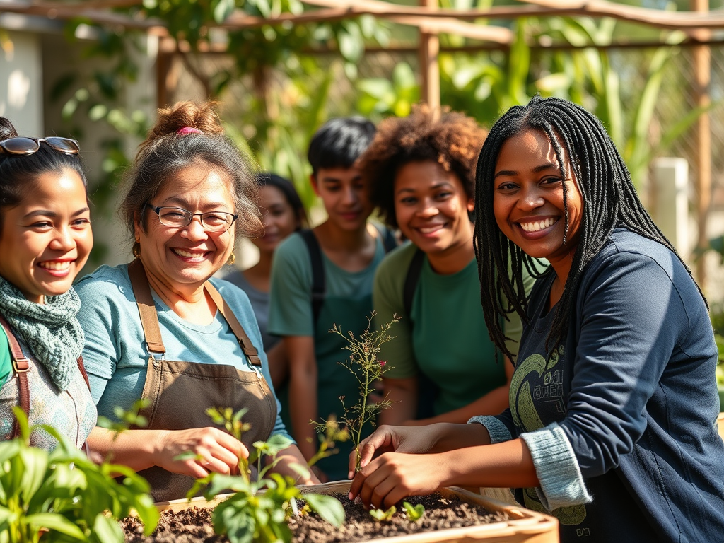 Grup de persones somrients treballant en un hort comunitari, envoltades de plantes en un entorn natural.