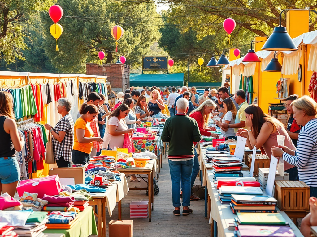 Fira del do amb persones intercanviant articles en taules decorades a l'aire lliure, amb globus de colors al fons.