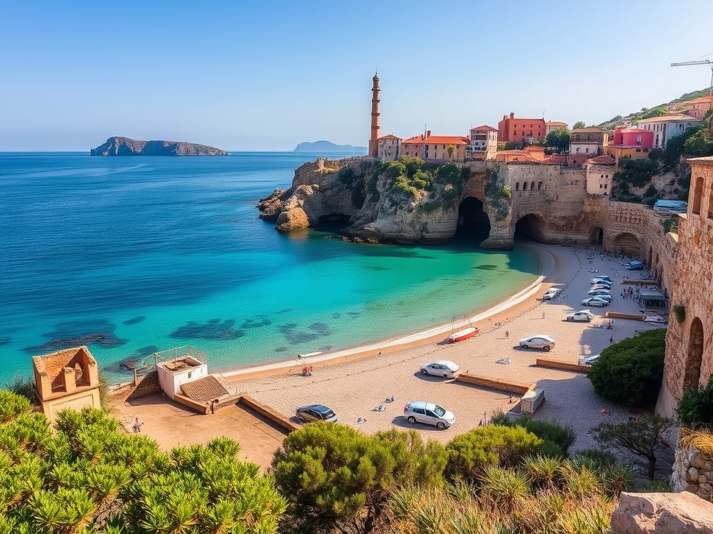 Vista panoràmica d'una platja amb aigua clara i edificis al fons, envoltada de roques i vegetació.
